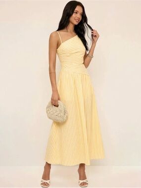 Commense Yellow Striped One-Shoulder Maxi Dress